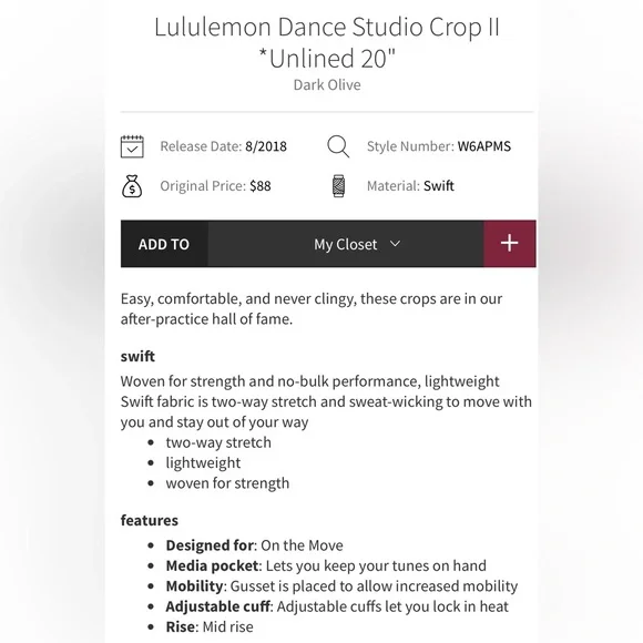 Lululemon Dance Studio Crop II, Dark Olive, Size 6 - Picture 13 of 13